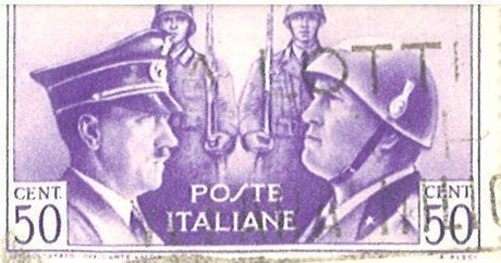 PS-ITAL574 Italian stamp, Mussolini and Hitler, helmeted