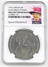 QE2-NGC Queen Elizabeth II: 1977 Great Britain 25 P ("Silver Jubilee Crown"). Brilliant Uncirculated. NGC certified capsule