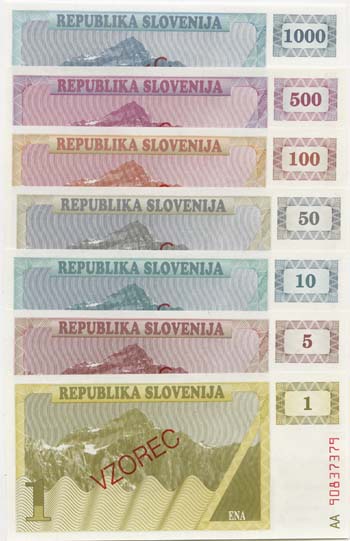 SLOVSPECSET-A(U) Slovenia Set of 7 Overprint Specimen Notes