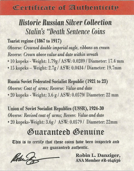 STALINSL4CNBOX Stalin's "Death Sentence" Coins: Box of 4 Russian Silver Coins (Four-Coin Box)