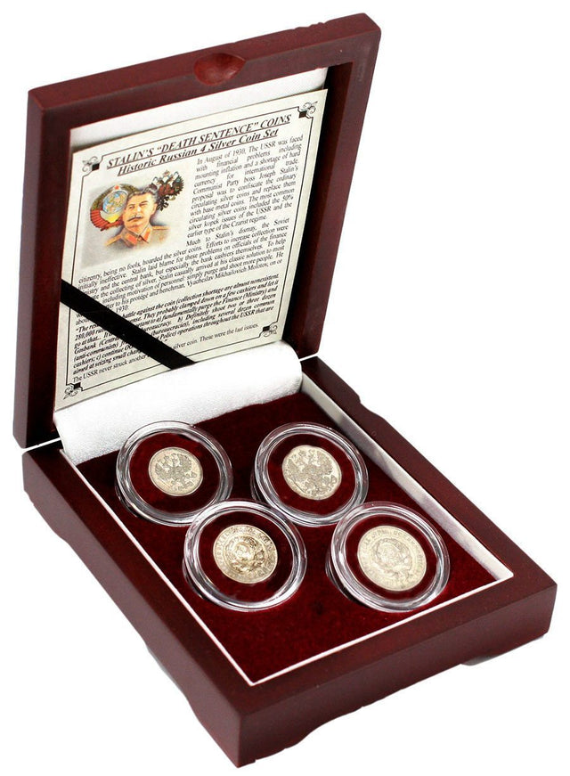 STALINSL4CNBOX Stalin's "Death Sentence" Coins: Box of 4 Russian Silver Coins (Four-Coin Box)