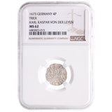 TRIER-RND-KARL-NGC(AU62) 4 Pfennig, Germany, 1652-1673, Roman Numeral Date, Karl Kasper Von Der Leyen(AU62)