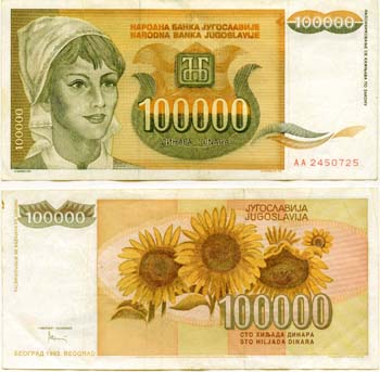 Yugoslavia P118(F-VF) 100,000 Dinara