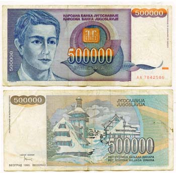 Yugoslavia P119(F-VF) 500,000 Dinara